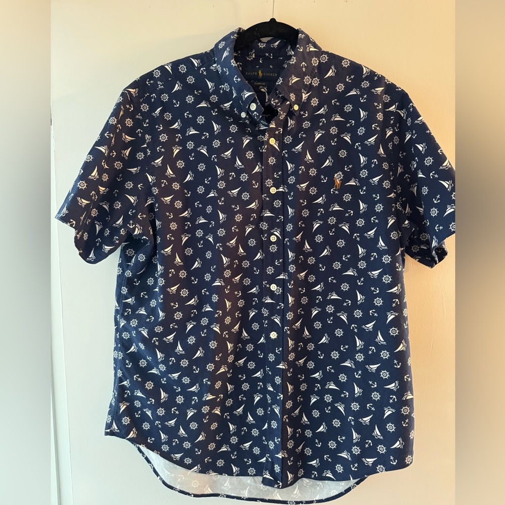 Ralph Lauren Navy Short-Sleeve Button-Down with White Nautical Print